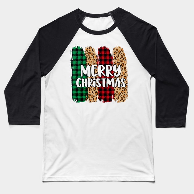 Merry Christmas Leopard Buffalo Plaid Baseball T-Shirt by Peach Lily Rainbow